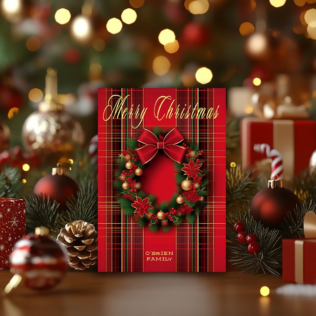 Classic Red Plaid Christmas Wreath Folded Postcard (Elegant Christmas Wreath Tartan Postcard )
