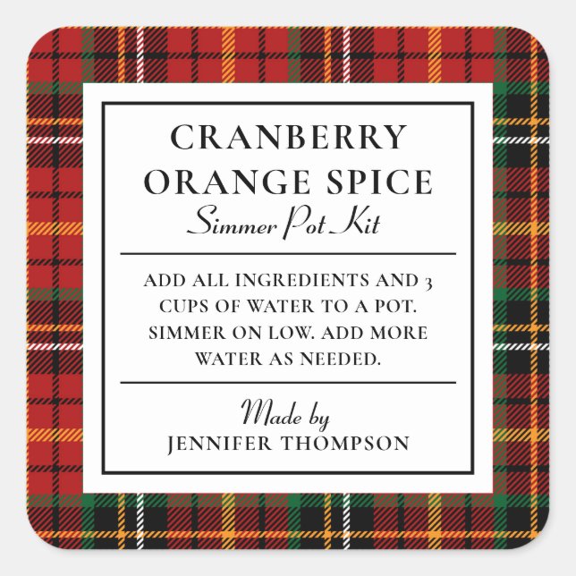 Classic Red Plaid Holiday Simmer Pot Kit Square Sticker (Front)