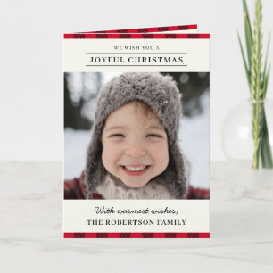 Classic Red Plaid Joyful Christmas Family Photos Holiday Card