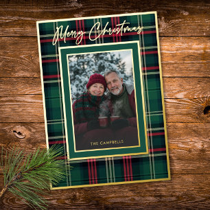Classic Red Plaid Merry Christmas Script Photo