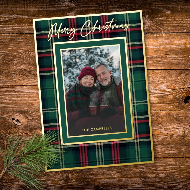 Classic Red Plaid Merry Christmas Script Photo (Classic Red Plaid Merry Christmas Script Photo Foil Holiday Card)