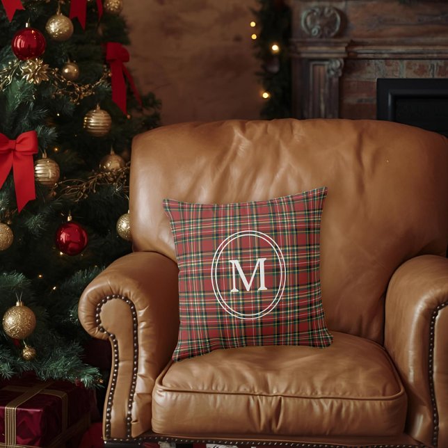 Classic Red Plaid Monogram Christmas Holiday Cushion (Creator Uploaded)