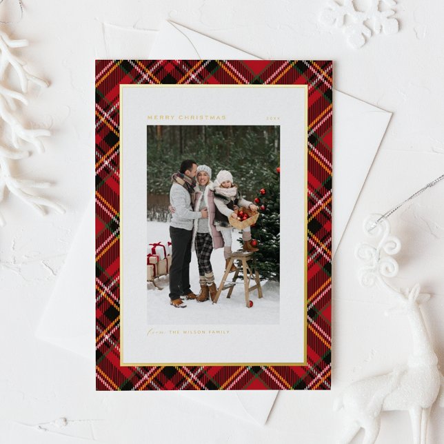 Classic Red Plaid Pattern Happy Holidays Photo (Classic Red Plaid Pattern Happy Holidays Photo Foil Holiday Card)