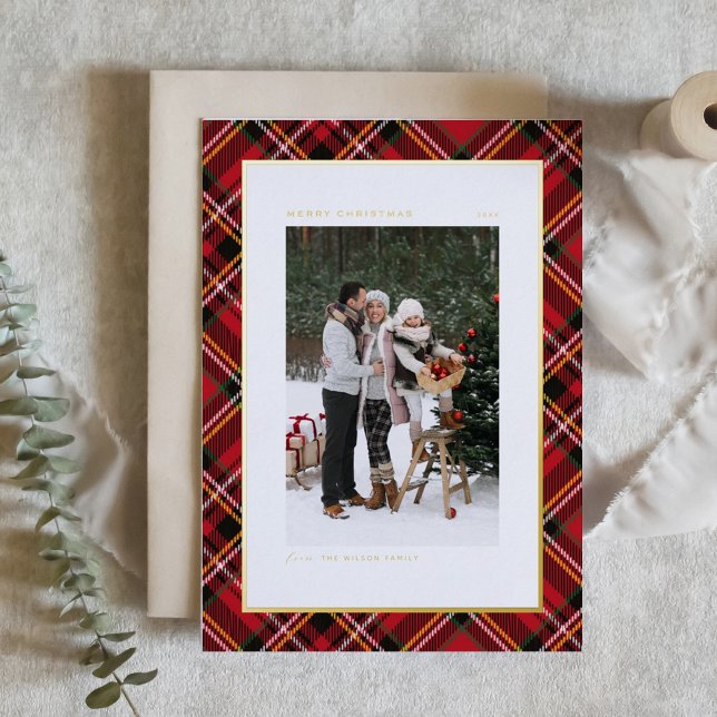 Classic Red Plaid Pattern Merry Christmas Photo (Classic Red Plaid Pattern Merry Christmas Photo Foil Holiday Card)