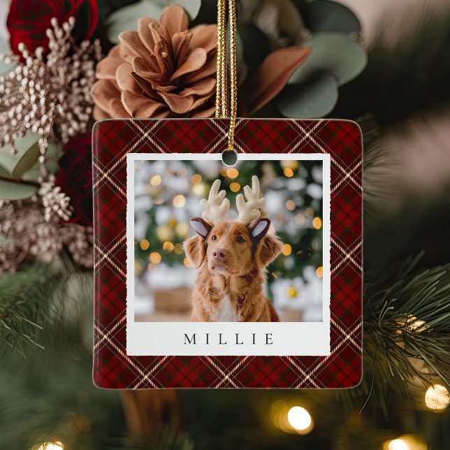 Classic Red Plaid Personalised Pet Dog Photo Ceramic Ornament (Creator Uploaded)