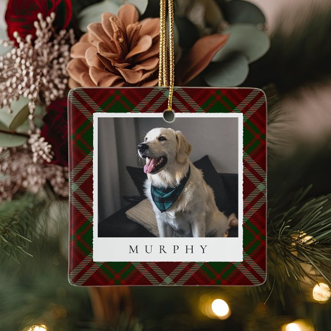 Classic Red Plaid Personalised Pet Dog Photo Ceramic Ornament (Creator Uploaded)