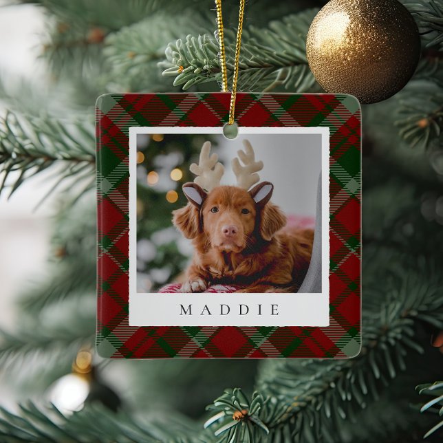 Classic Red Plaid Personalised Pet Dog Photo Ceramic Ornament (Creator Uploaded)
