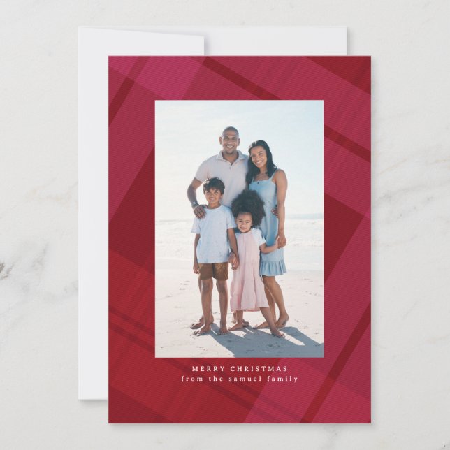 Classic red plaid simple vertical Christmas photo Holiday Card (Front)