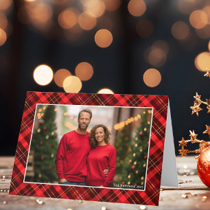 Classic Red Plaid Tartan Christmas Photo Folded Holiday Card