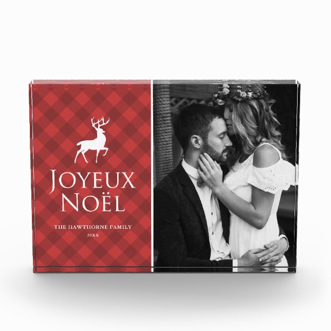 Classic Red Plaid with Deer Joyeux Noël Holiday Photo Block (Front)