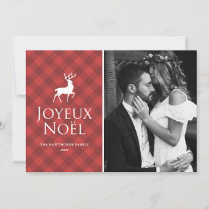 Classic Red Plaid with Deer Joyeux Noël Photo Holiday Card