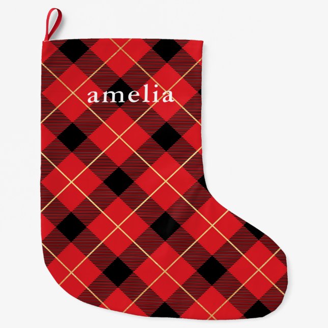Classic Red Plaid with Name Holiday  Large Christmas Stocking (Front)