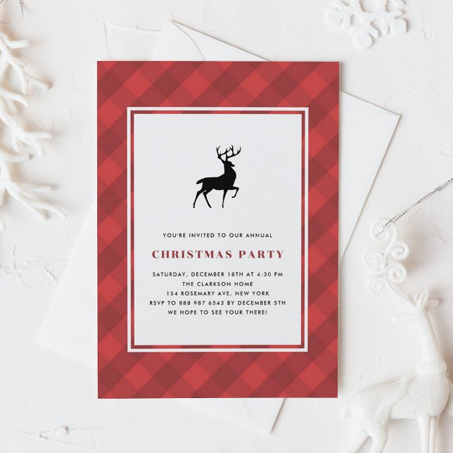 Classic Red Plaid with Reindeer Christmas Party Invitation (Creator Uploaded)