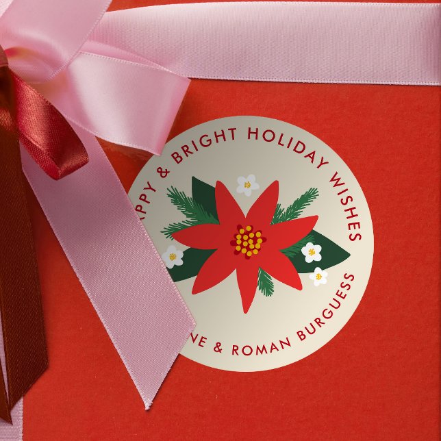 Classic Red Poinsettia Christmas Holiday Gift Clas Classic Round Sticker (soft beige cream modern poinsettia custom text Christmas gift sticker)