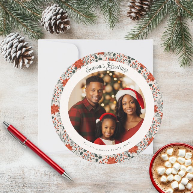 Classic Red Poinsettia Christmas Photo Card (Poinsettia Season Circle Photo Christmas Card white)