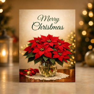Classic Red Poinsettia Merry Christmas Holiday Card