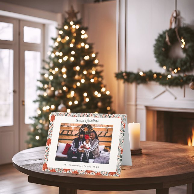 Classic Red Poinsettia Photo Christmas Card (Poinsettia Season Folded Photo Christmas Card white)