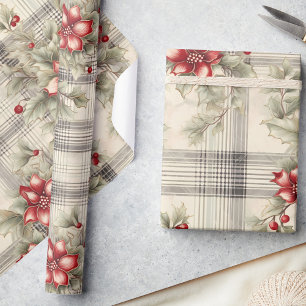 Classic Red Poinsettia Tartan Christmas Wrapping Paper