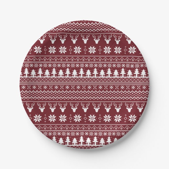 Classic Red Reindeer Christmas Sweater Pattern Paper Plate (Front)