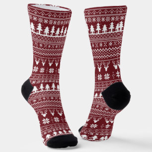 Classic Red Reindeer Christmas Sweater Pattern Socks
