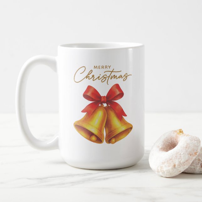 Classic Red Ribbon and Gold Script Christmas Coffee Mug (With Donut)