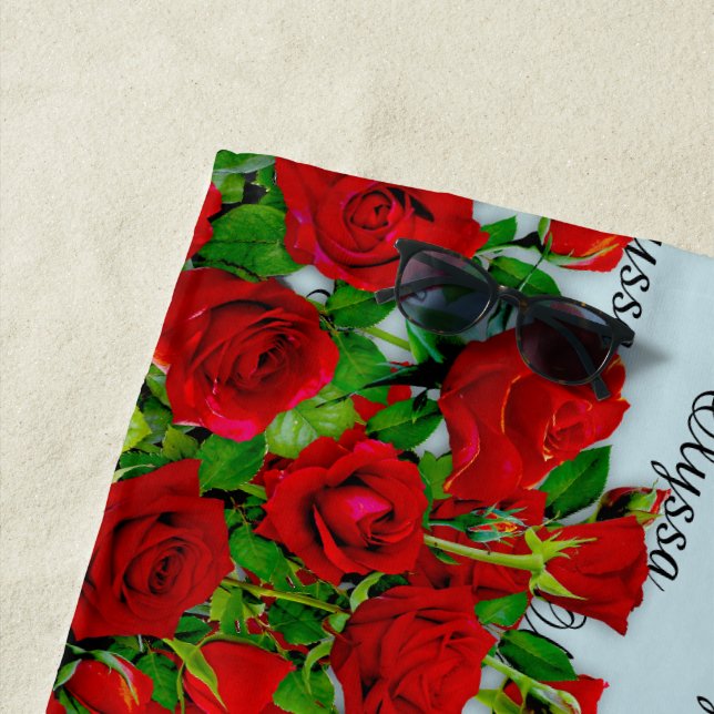 Classic Red Rose Garden Romantic Custom Name  Beach Towel (In Situ)
