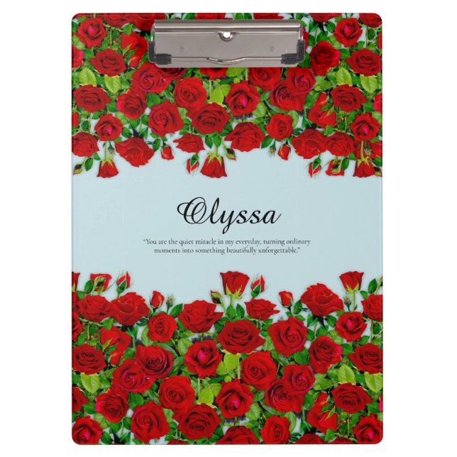 Classic Red Rose Garden Romantic Custom Name  Clipboard (Front)