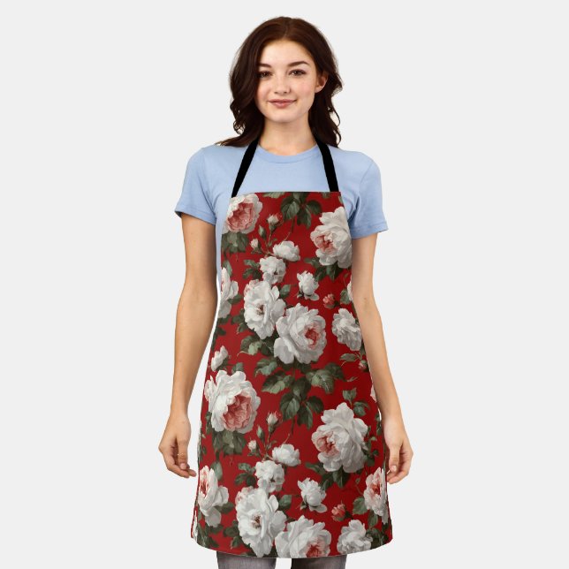 Classic Red Rose White Floral Pattern Apron (Worn)