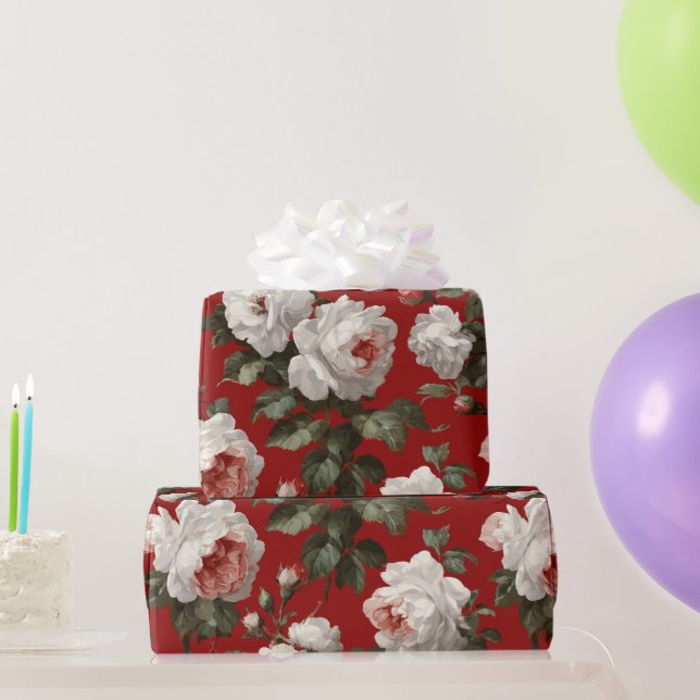Classic Red Rose White Floral Pattern Wrapping Paper (Party Gifts)