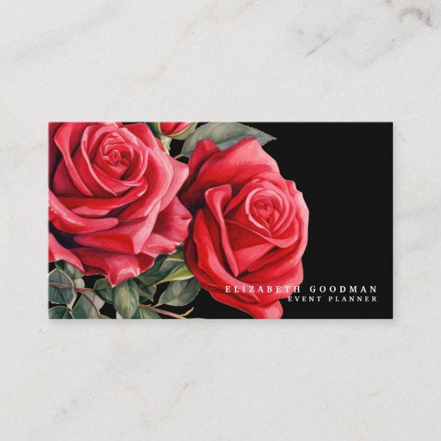 Classic Red Roses Black Business Cards (Front)