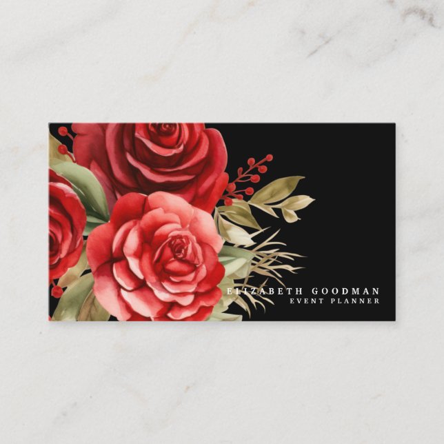 Classic Red Roses Black Business Cards (Front)