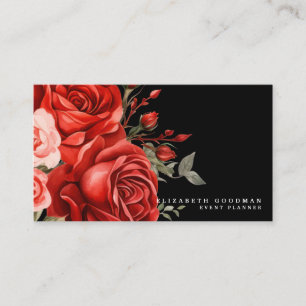 Classic Red Roses Black Business Cards