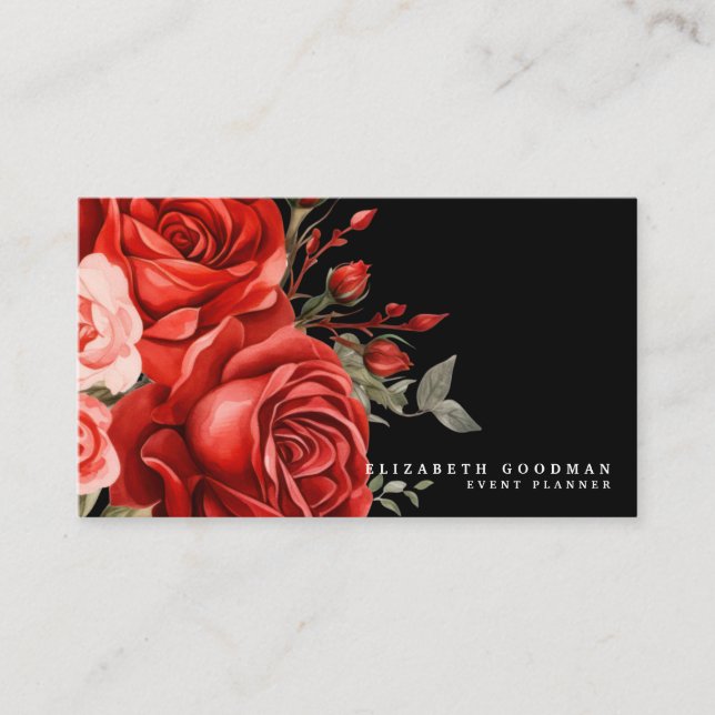 Classic Red Roses Black Business Cards (Front)