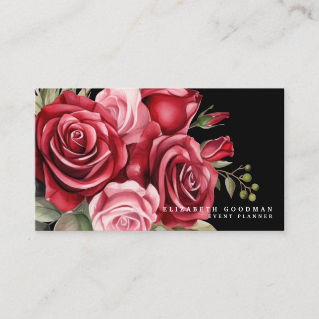 Classic Red Roses Black Business Cards (Front)