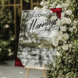 Classic Red Roses Floral  Wedding Welcome  Acrylic Sign