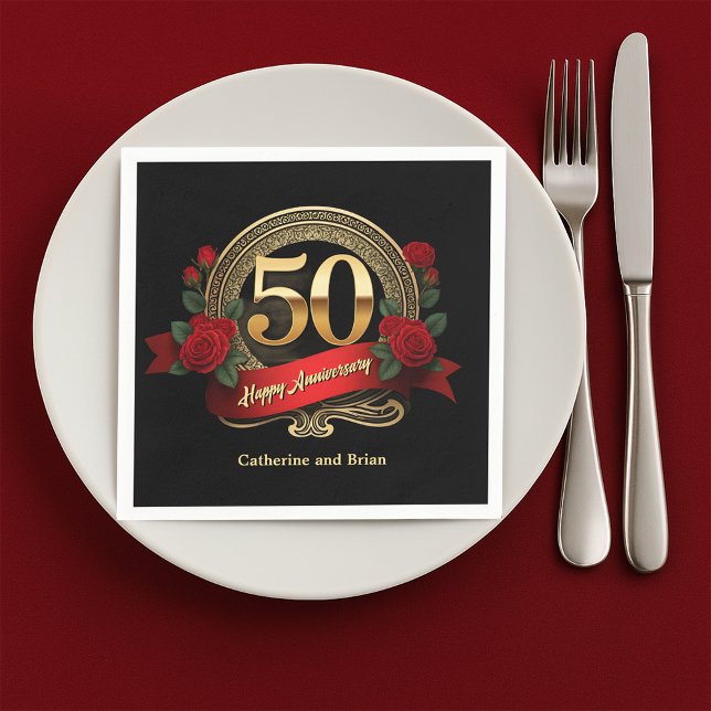 Classic Red Roses & Gold 50th Wedding Anniversary Napkin (Creator Uploaded)