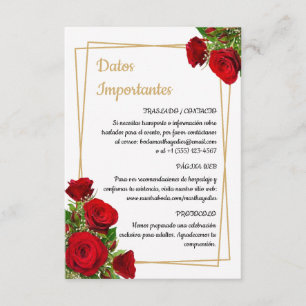 Classic Red Roses Gold Spanish Wedding Information Enclosure Card