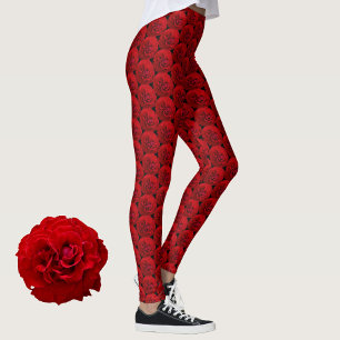 Classic Red Roses on Black Leggings
