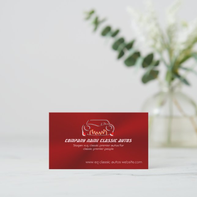 Classic Red Sports Auto on Crimson Metallic-look Business Card (Standing Front)