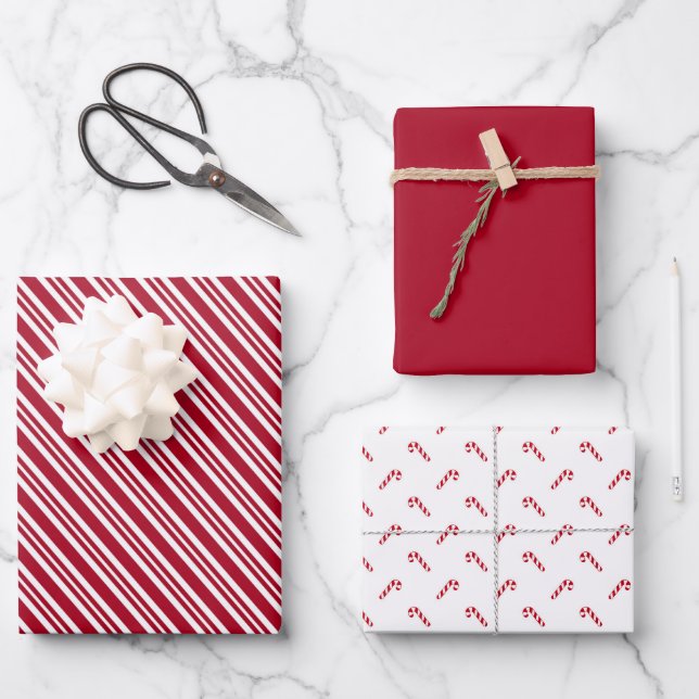 Classic Red Stripe Candy Cane Holiday Wrapping Pap Paper Sheet (Front)