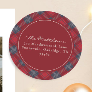 Classic Red Tartan Christmas Return Address Round Sticker