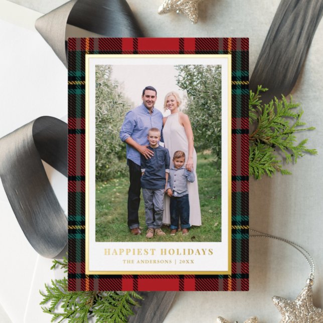 Classic Red Tartan + Gold Foil Holiday Photo Card (Creator Uploaded)