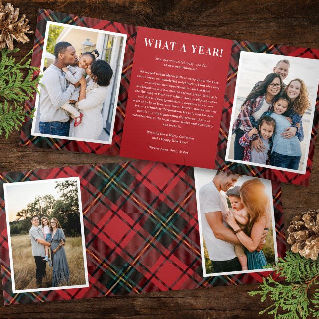 Classic Red Tartan Multi-Photo Folded Holiday Card (Creator Uploaded)