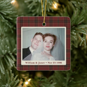 Classic Red Tartan Plaid Wedding Anniversary Photo Ceramic Ornament