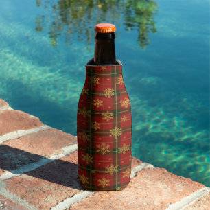Classic Red Tartan with Golden Snowflakes Bottle Cooler