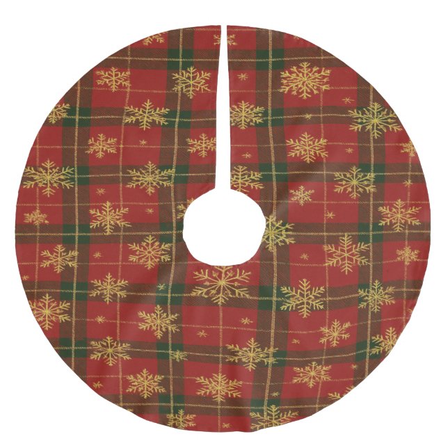 Classic Red Tartan with Golden Snowflakes Brushed Polyester Tree Skirt (Front)