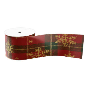 Classic Red Tartan with Golden Snowflakes Grosgrain Ribbon