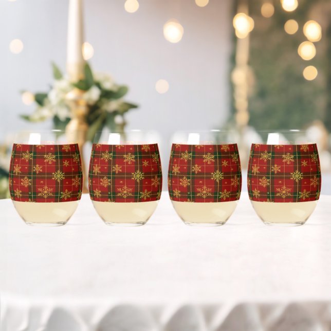 Classic Red Tartan with Golden Snowflakes Stemless Wine Glass (Insitu (Wedding))