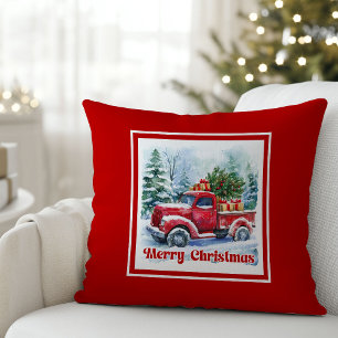Classic red truck Christmas scene rustic holiday Cushion