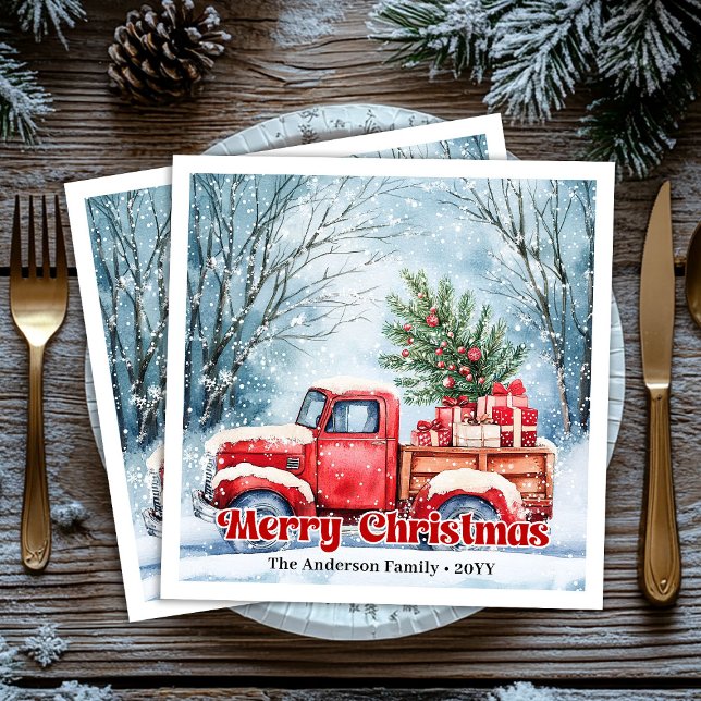 Classic red truck Christmas scene rustic napkins  (Classic red truck Christmas scene rustic napkins set)